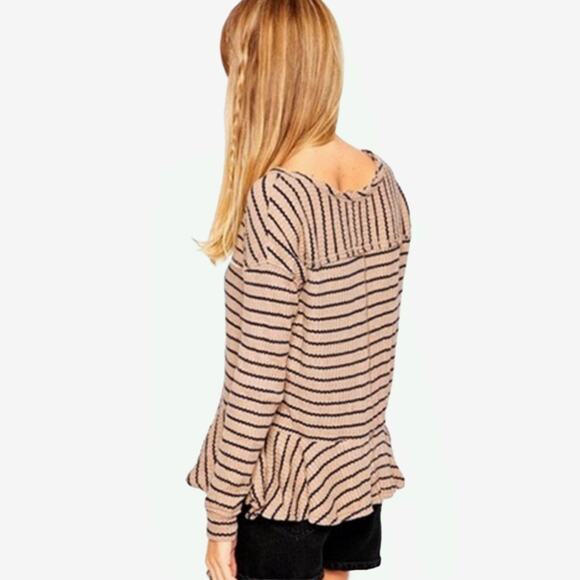 Free People We The Free Auntie Em Stripe Thermal Top Small Peplum Waffle Knit - Picture 4 of 4